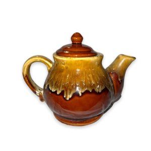 Vintage Pottery Brown Drip Glaze Teapot Lid Tea Pot Unsigned Mid Century Mod